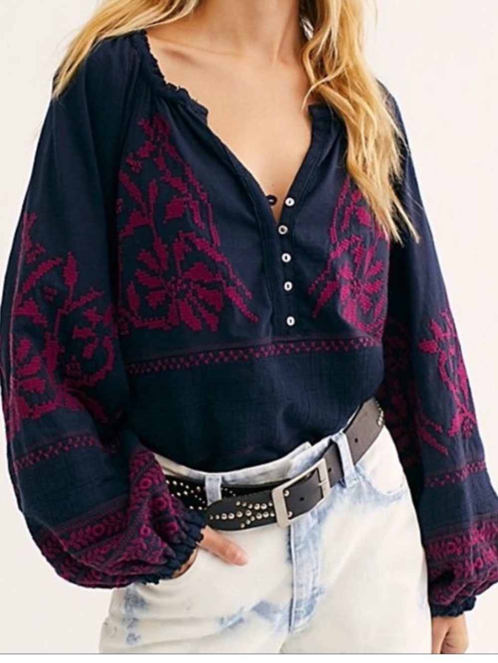 Free People NavyTop with Pink Embroidered Accents Size Small Oversized